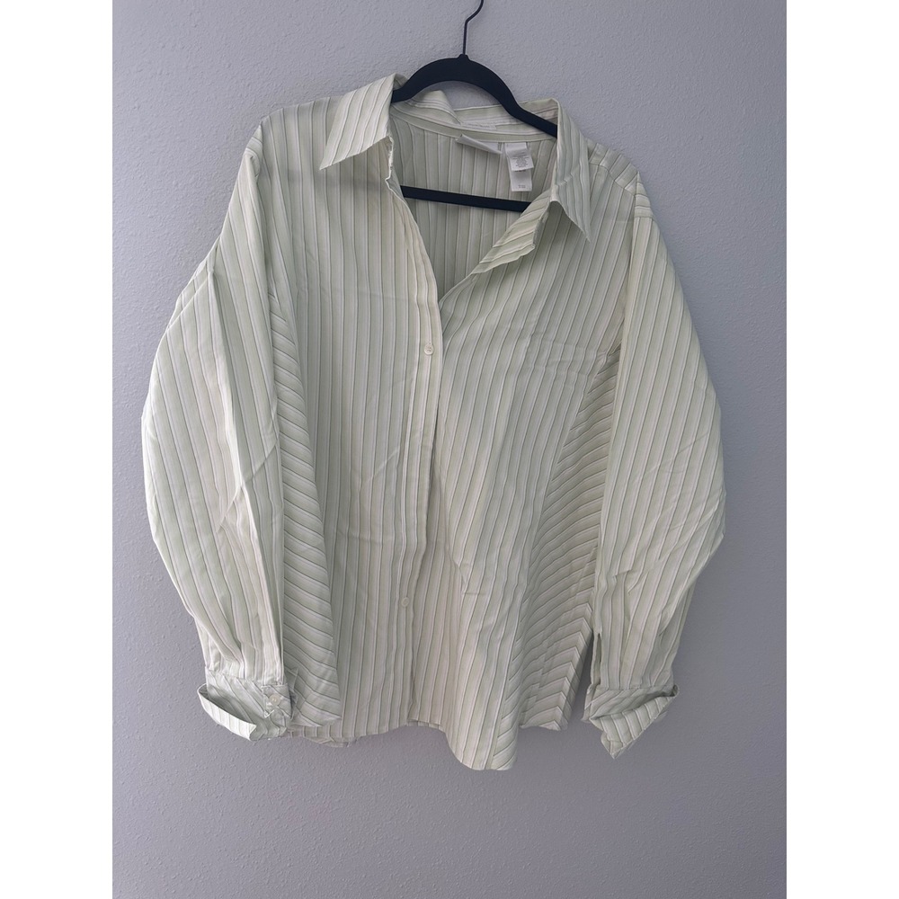 Liz Claiborne Woman Light Green Striped Non-Iron Cotton Button Down Shirt 16W